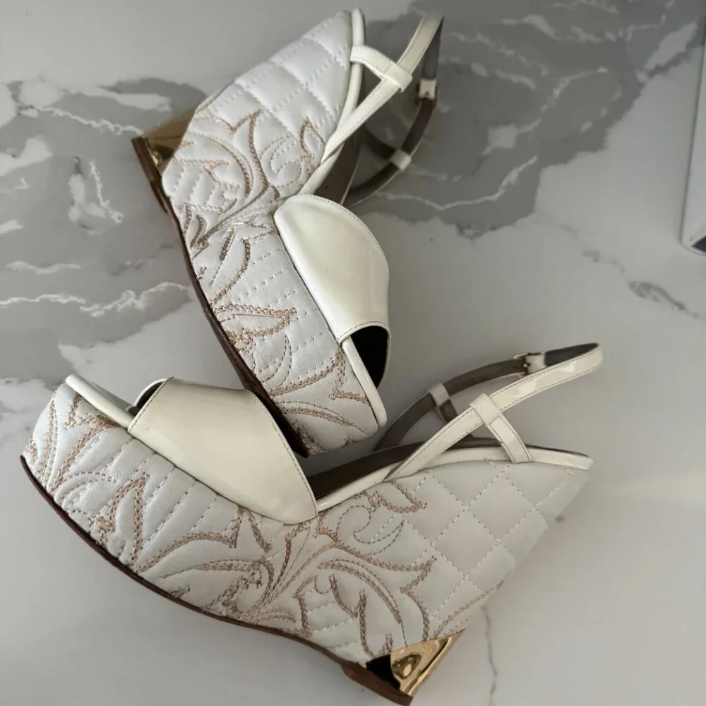 Versace White Patent Leather Quilted Wedge Platform Sandals Size 38.5 - Picture 8 of 14